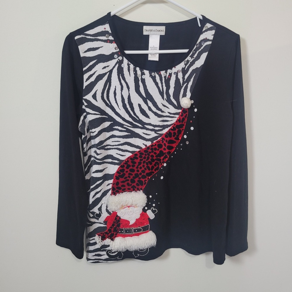 Draper's & Damon's Large Santa Top Womens Black Zebra Leopard Sequin Festive
